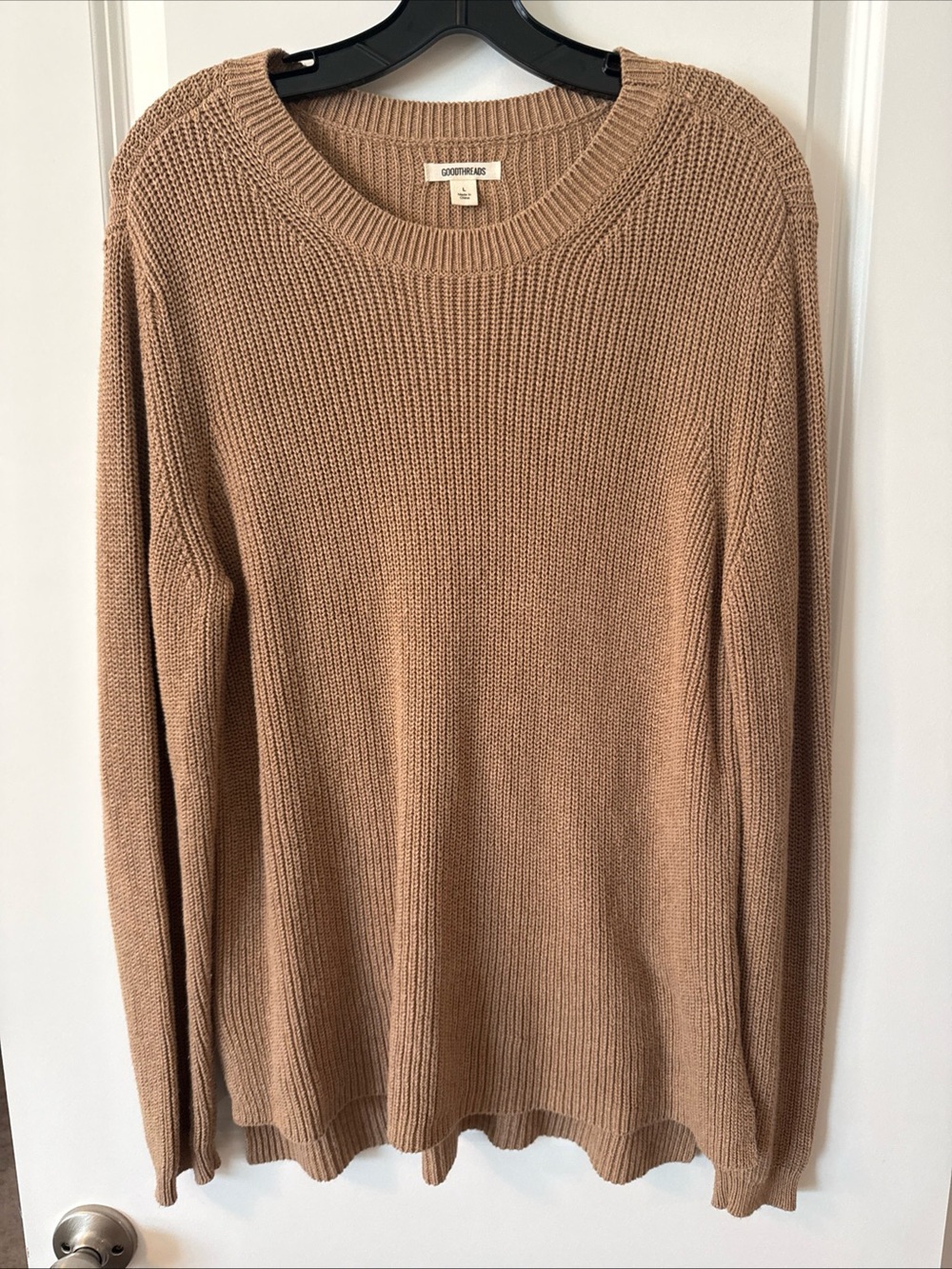 Goodthreads Women Tan Ribbed Trim Crew Neck Knit Pullover Sweater L